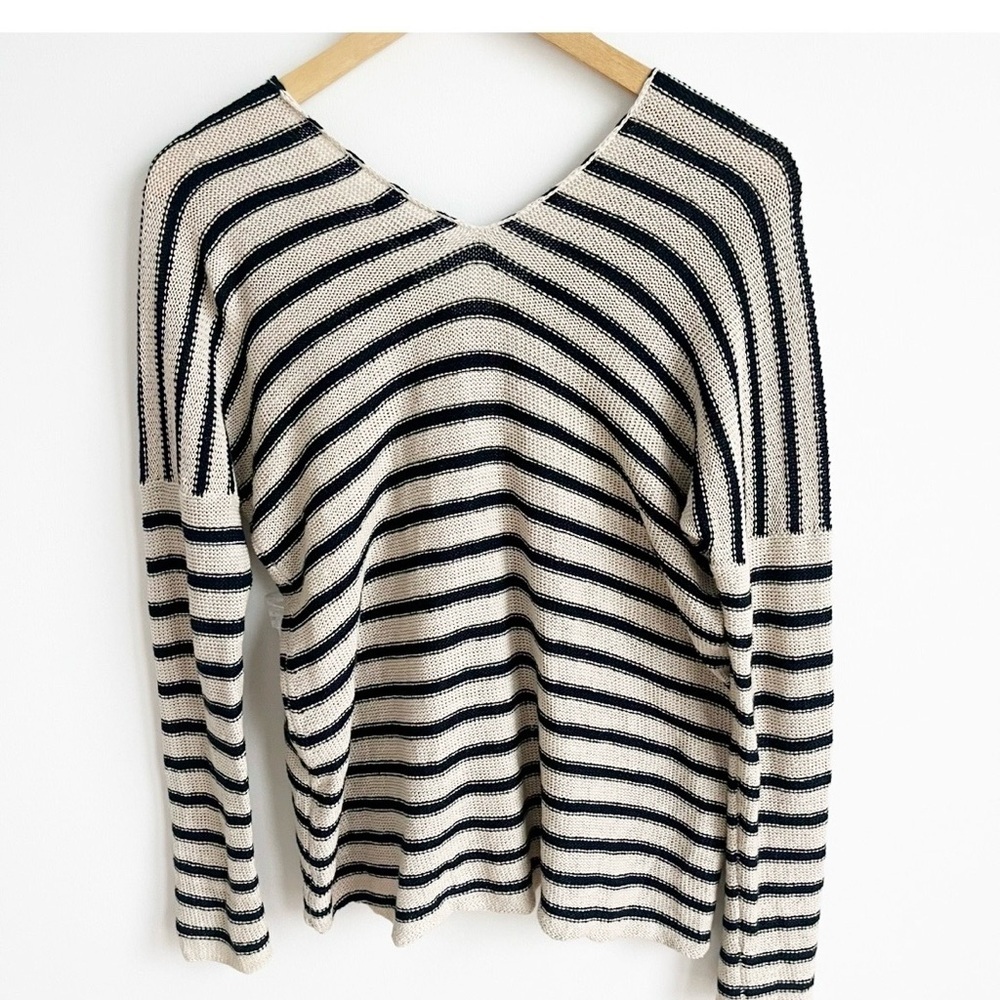 Vince Linen Striped Sweater Navy Cream V-Neck Lightweight, XS - Picture 3 of 6